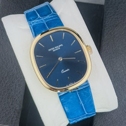 Patek Philippe Golden Ellipse Quartz 18k Yellow Gold Blue Dial Watch 3838J-050