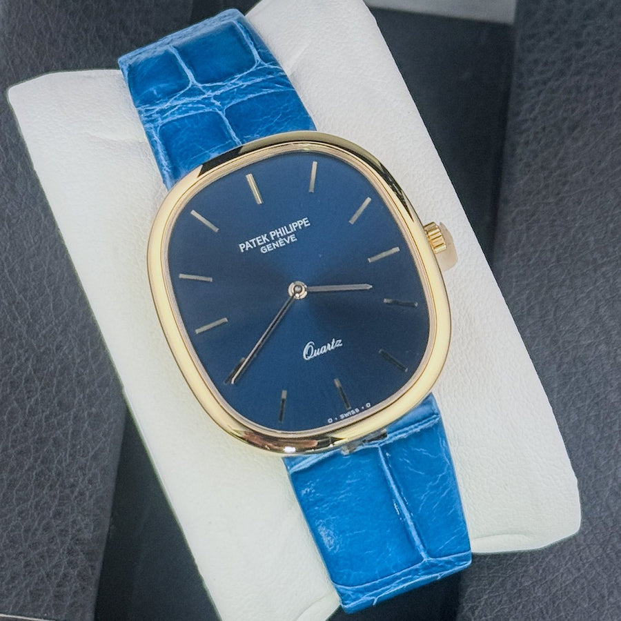 Patek Philippe Golden Ellipse Quartz 18k Yellow Gold Blue Dial Watch 3838J-050