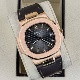 Patek Philippe Nautilus 18k Rose Gold Grey Dial Leather Strap Watch 5711R-001