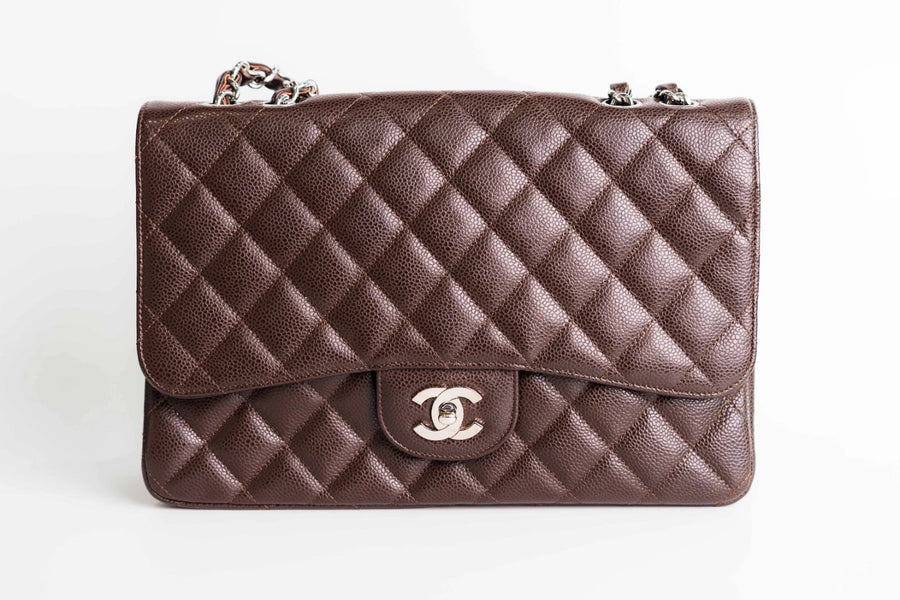 Chanel Caviar Jumbo Single Flap Brown Silver Hardware