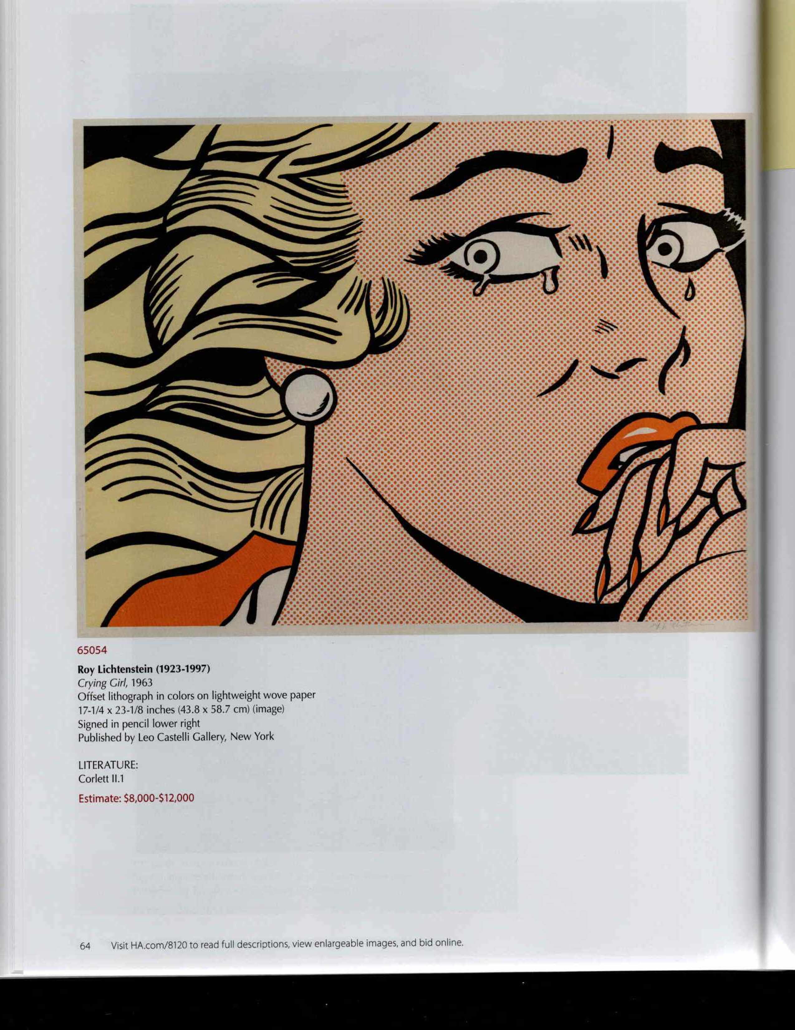 1963 Roy Lichtenstein Crying Girl On Paper Original Signed Lithograph