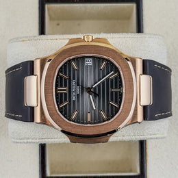 Patek Philippe Nautilus 18k Rose Gold Grey Dial Leather Strap Watch 5711R-001