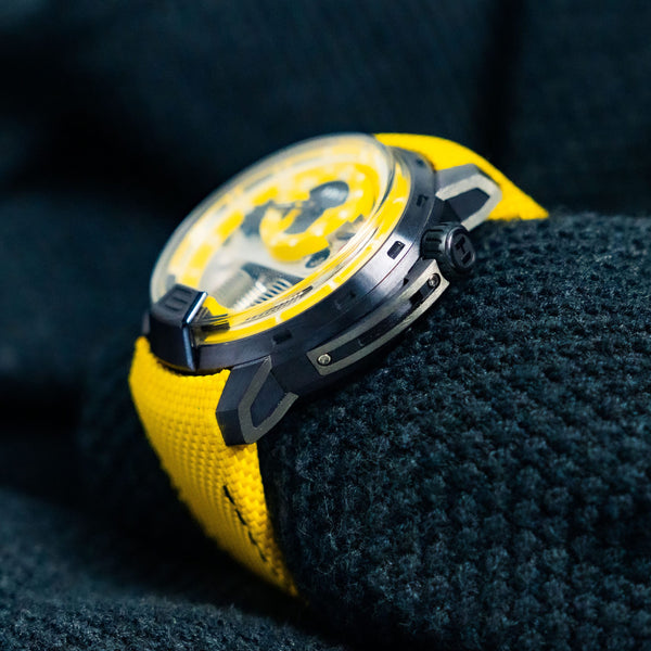 HYT H1 Colorblock Yellow – 48.8mm Titanium Gun Metal PVD – Ref. 148-TT-80-NF-FY – Limited to 10 Pieces