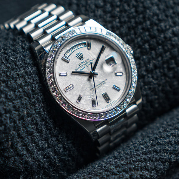 2022 Rolex Day-Date 40 228206 40mm Platinum Meteorite Dial Baguette Indices Diamond Set Bezel (Non-Factory)
