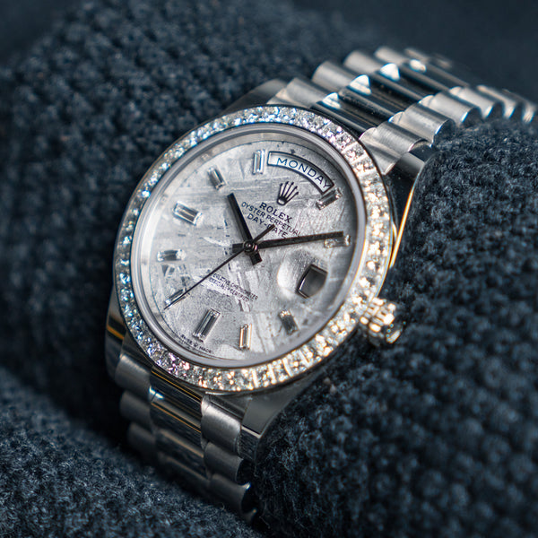 2022 Rolex Day-Date 40 228206 40mm Platinum Meteorite Dial Baguette Indices Diamond Set Bezel (Non-Factory)