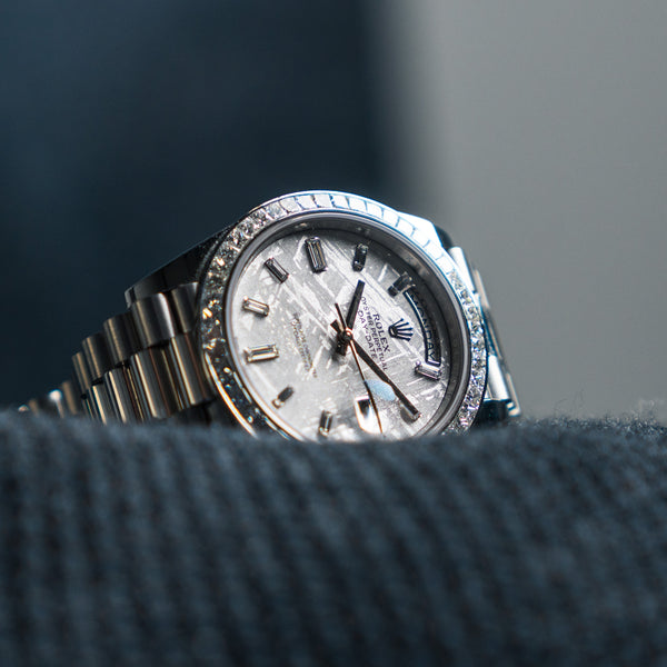 2022 Rolex Day-Date 40 228206 40mm Platinum Meteorite Dial Baguette Indices Diamond Set Bezel (Non-Factory)