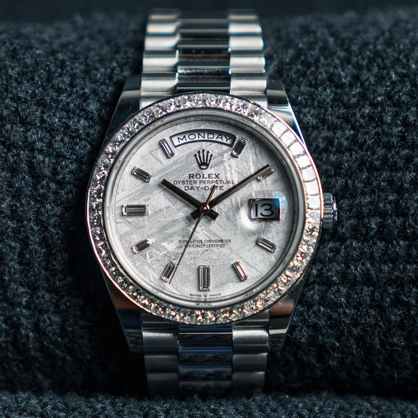 2022 Rolex Day-Date 40 228206 40mm Platinum Meteorite Dial Baguette Indices Diamond Set Bezel (Non-Factory)