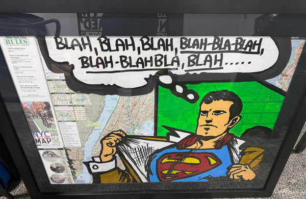 Samuel Mark Blah Blah Blah Superman Mixed Media Painting Framed