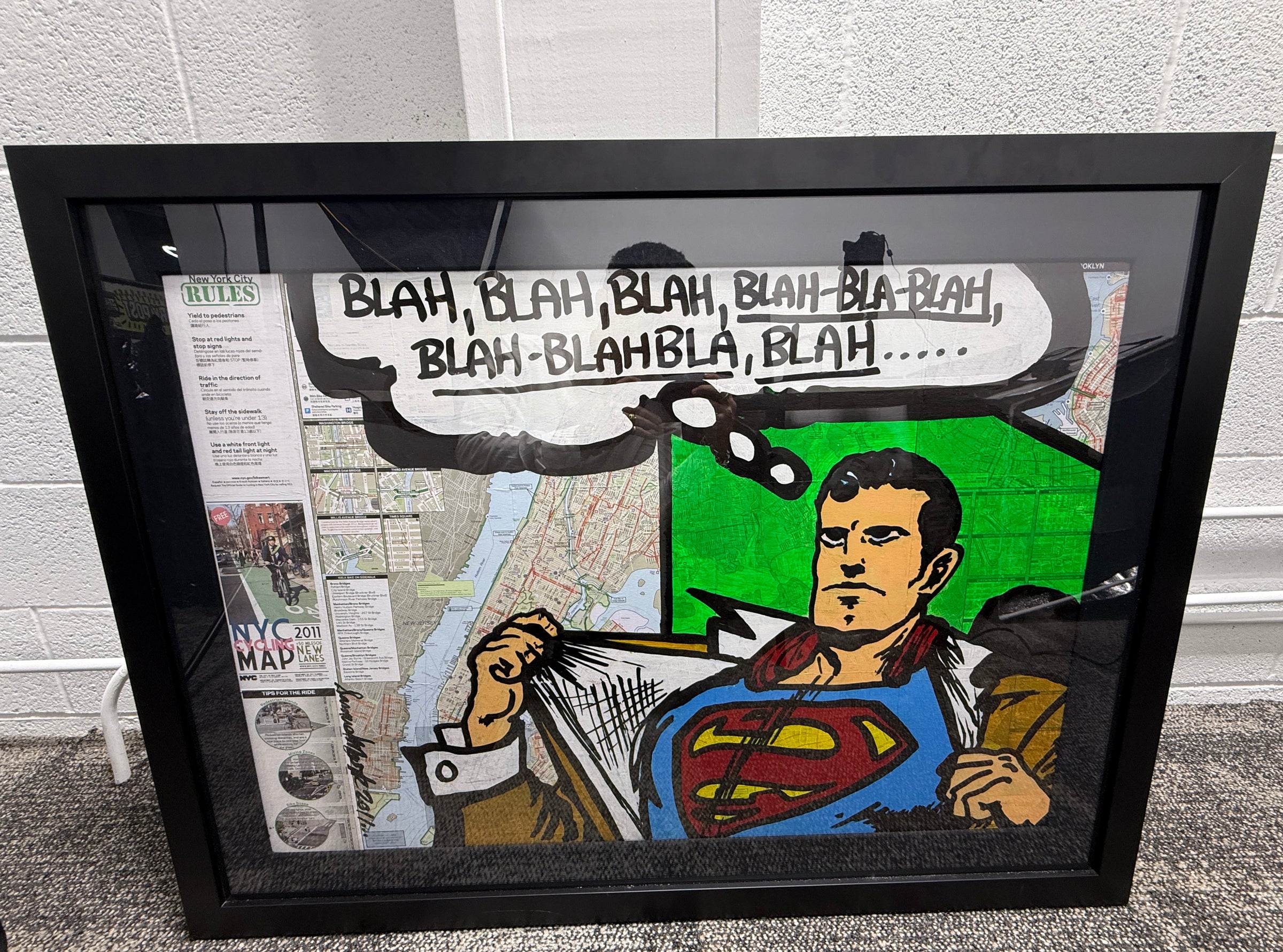 Samuel Mark Blah Blah Blah Superman Mixed Media Painting Framed