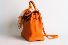 Hermes Kelly 32 With Strap And Twilly Orange Togo
