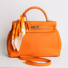 Hermes Kelly 32 With Strap And Twilly Orange Togo