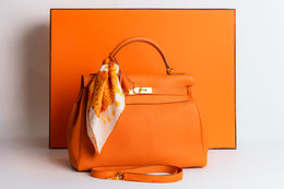 Hermes Kelly 32 With Strap And Twilly Orange Togo