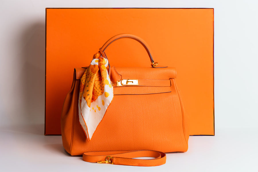 Hermes Kelly 32 With Strap And Twilly Orange Togo