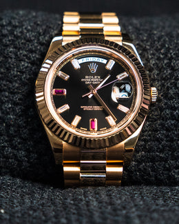 Rolex Day-Date II Everose Gold Ruby Diamond Black Dial 41mm 218235