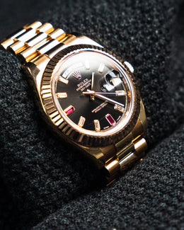 Rolex Day-Date II Everose Gold Ruby Diamond Black Dial 41mm 218235