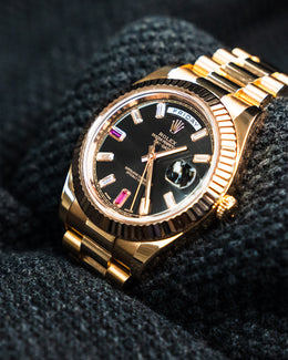 Rolex Day-Date II Everose Gold Ruby Diamond Black Dial 41mm 218235
