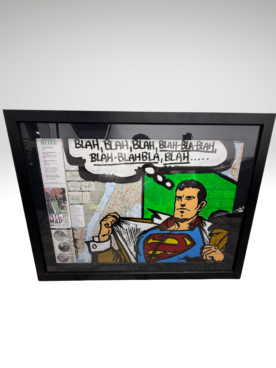 Samuel Mark Blah Blah Blah Superman Mixed Media Painting Framed