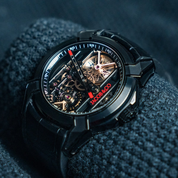 2024 Jacob & Co. Epic X Skeleton EX110.21.AA.AF.A 44mm DLC Titanium Skeletonized Dial Rubber Strap